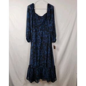 Taylor Black Blue Floral Smocked LS Maxi Dress Women's 10 Lined Sheer Sleeves